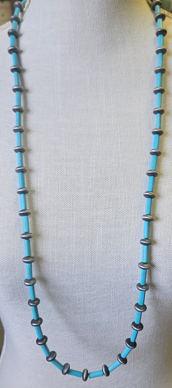 Turquoise Blue And Silver Wooden Bead Necklace
