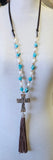 Turquoise And Pearl Beaded Cross Necklace With Tassle