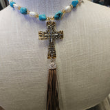 Turquoise And Pearl Beaded Cross Necklace With Tassle