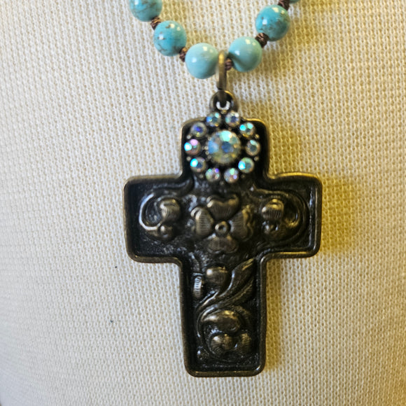 Turquoise Beaded Cross Necklace