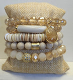 Stunning Beaded Stone Bracelet Set Of Five With Browns, Champagne, And White Colors With Jewels.