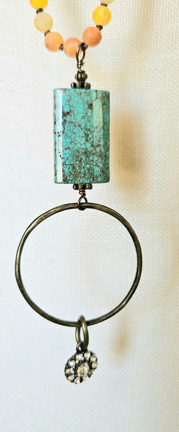 Lovely Yellow Beaded Necklace With Turquoise And Sparkly Tassle