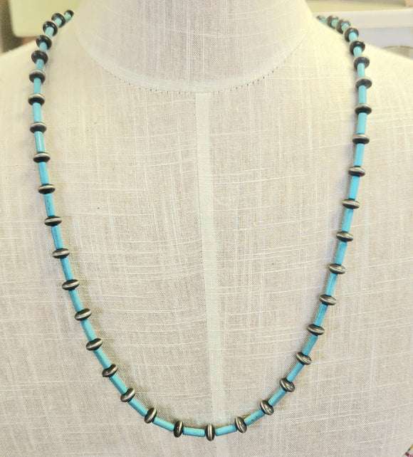 Turquoise And Silver Wooden Bead Necklace