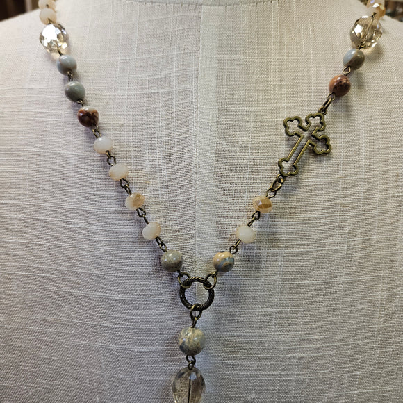 Beaded Necklace With Stone Pendant And Cross