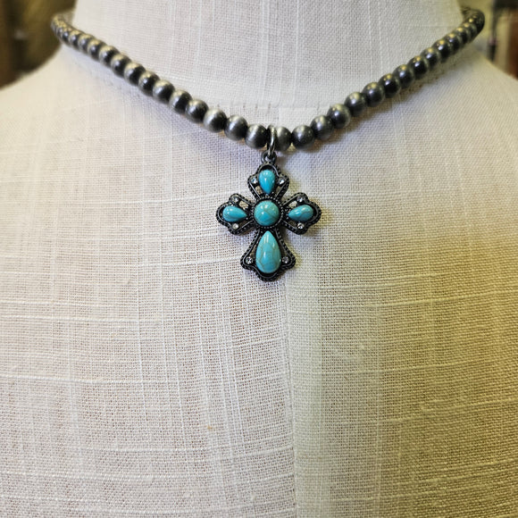 Silver Beaded Necklace With Turquoise Cross Pendant