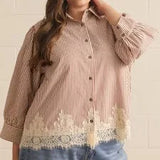 ENTRO Striped 3/4 Sleeve With Lace Hem - Plus