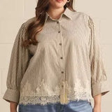 ENTRO Striped 3/4 Sleeve With Lace Hem - Plus