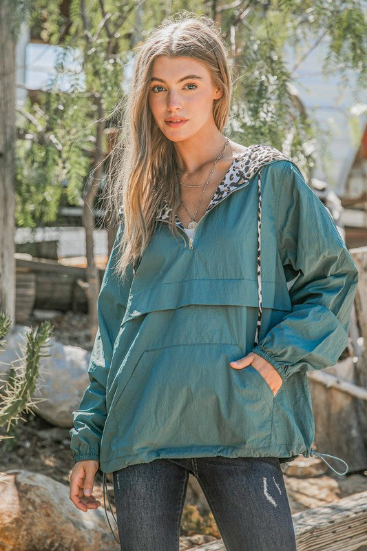 Jade Leopard Print Hoodie Zipper Up Pocket Windbreaker