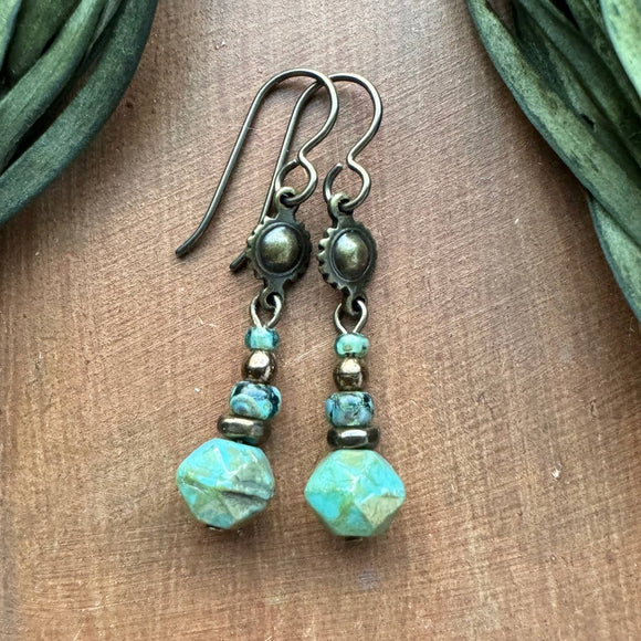 Turquoise Glass Stacked Bead Earrings Brass & Niobium