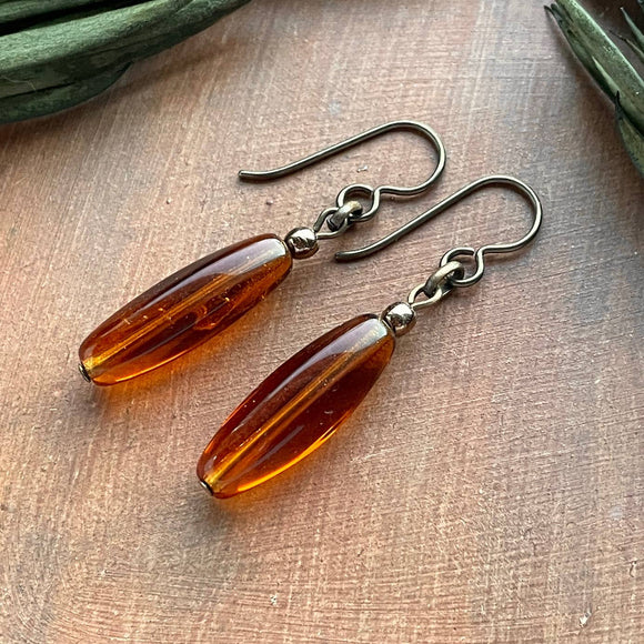 Amber and Bronze Tube Earrings Long Czech Glass Dangle Style