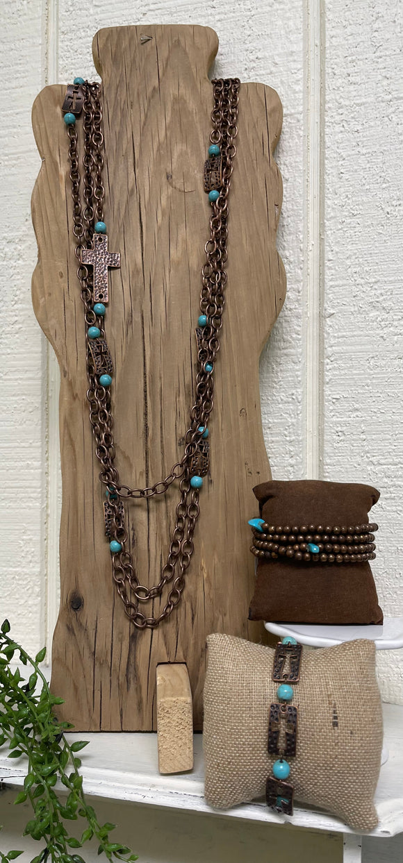 Necklace Copper/turq. Cross
